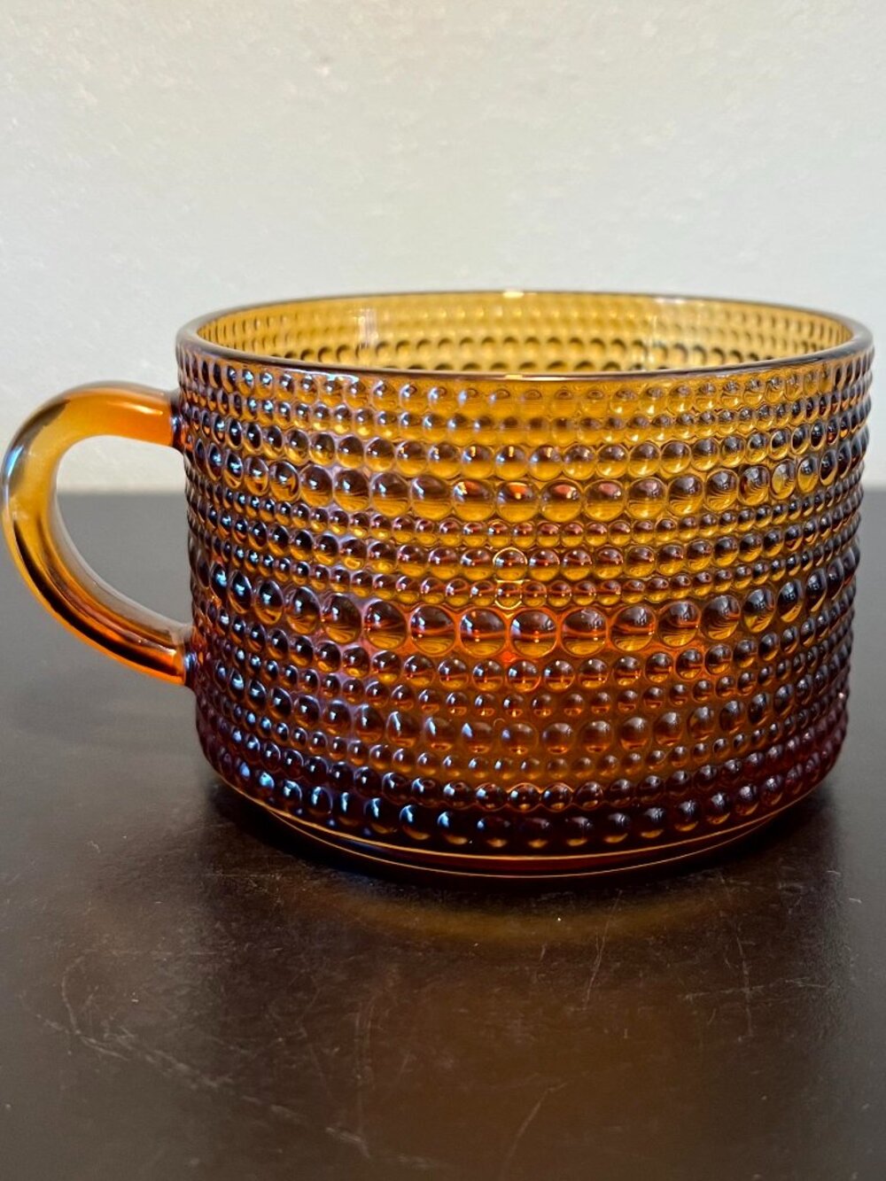 Amber Glass Hobnail Beaded Wide-Mouth Cup w/ Concentric Glass Bubble Droplets